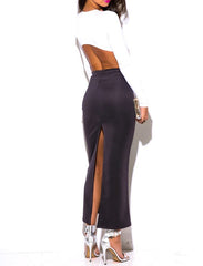 High Waist Maxi Pencil Skirt with Back Slit in Charcoal PETITE
