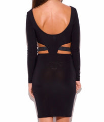 Cut Out Waist Belted Long Sleeve Form Fitting Dress in Black
