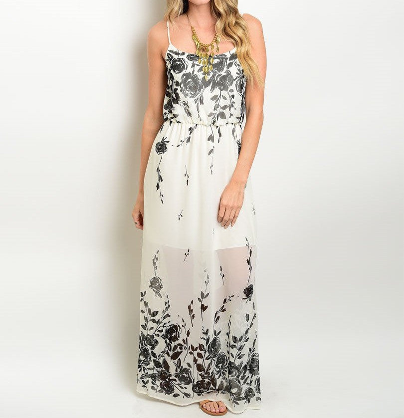 Rose Print Side Slit Maxi Dress in Cream and Black