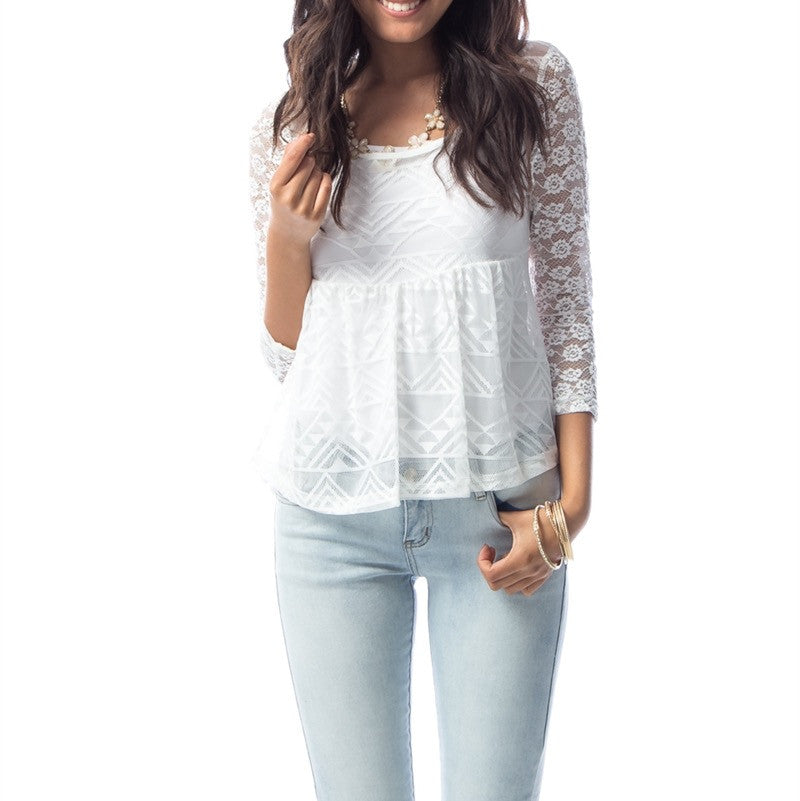 Empire Waist Lace Overlay Top in White