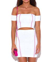 Off Shoulder Cut Out Waist Bodycon Dress in White & Pink
