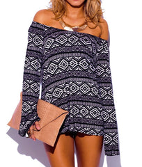 Tribal Print Off Shoulder Long Sleeve Loose Tunic Top in Black & Beige