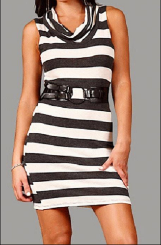 Cowl Neck Sleeveless Knit Striped Dress in Gray & White with Belt
