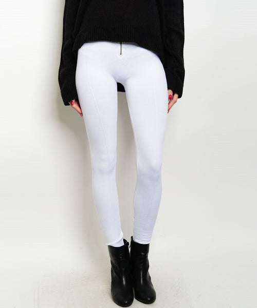 Zip Up High Waist Thick Fleece Leggings in White