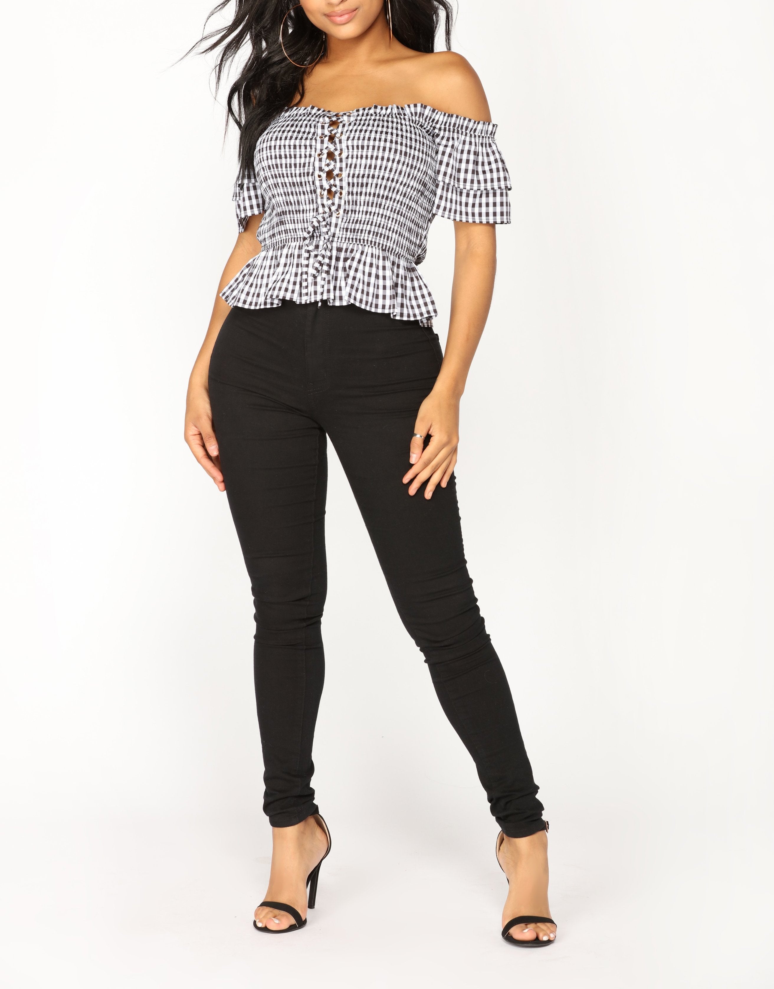 Off Shoulder Lace Up Gingham Top in Black and White