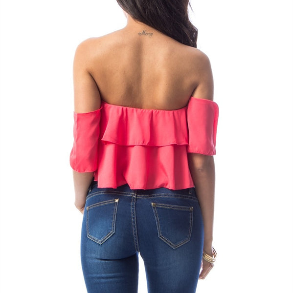Off Shoulder Layered Ruffle Crop Top in Coral