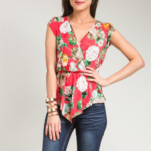 Overlap Cinched Waist Floral Print Blouse in Red & Green