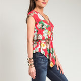 Overlap Cinched Waist Floral Print Blouse in Red & Green