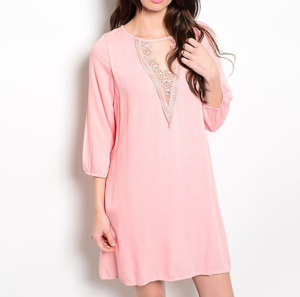 Laced Neckline Shift Dress in Light Pink